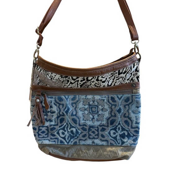 Myra Bag Handbags - 🌸Sold🌸Myra Bag Blue and Tan Shoulder Bag with Geometric Design
